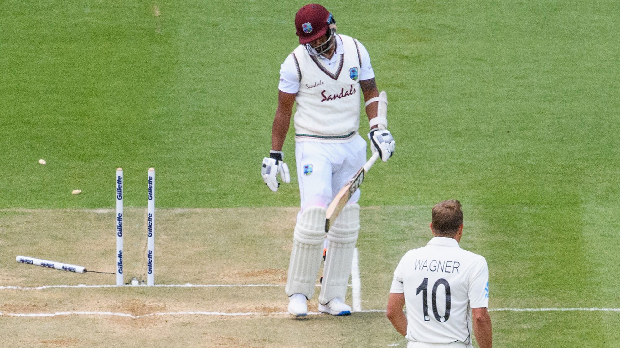 Shannon Gabriel of the West Indies looks dejected after being dismissed by Neil Wagner of New Zealand.