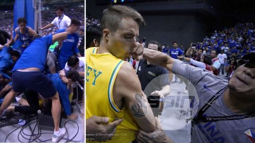 Goulding was left under a pile of around 10 Filipino players and officials, while Nathan Sobey was violently punched in the face by an official. Picture: Twitter.