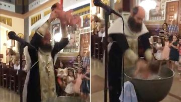 The bishop can be seen vigorously dunking the child three times into the water before handing it back to its parents. Picture: Twitter/@Miss_Patricah