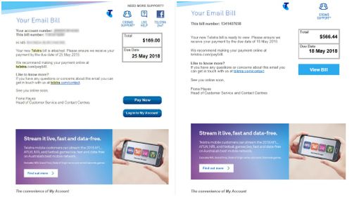 A legitimate Telstra phone bill (left) and a malware hoax (right). (Supplied)