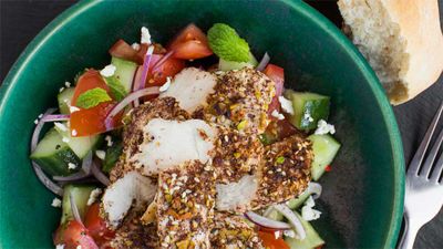 Recipe:&nbsp;<a href="http://kitchen.nine.com.au/2017/01/19/14/30/dukkah-chicken-with-hummus-and-feta-salad" target="_top" draggable="false">Dukkah chicken with hummus and feta salad</a>