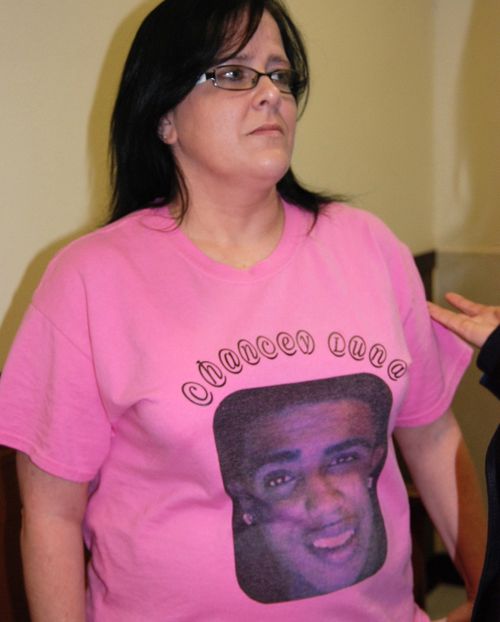 Jennifer Luna arrives at court wearing a shirt with a photo of her son Chancey. (AAP)
