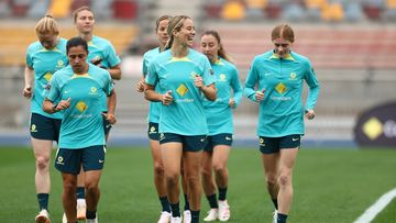 BRISBANE, AUSTRALIA - JULY 17: Players run during an Australia Matildas training session ahead of the FIFA Women&#x27;s World Cup Australia &amp; New Zealand 2023 Group B match between Australia and Ireland at Queensland Sport and Athletics Centre on July 17, 2023 in Brisbane, Australia. (Photo by Chris Hyde/Getty Images)