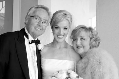 Louise Momber with her mum and dad on her wedding day