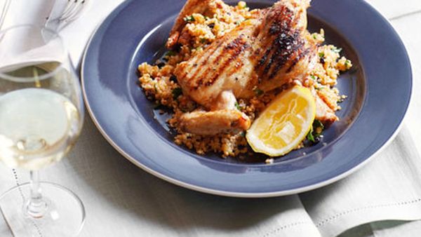 Spatchcock with cracked wheat pilaf