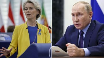 Vladimir Putin and Ursula von Der Leyen side by side split image.