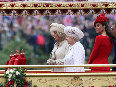Queen Elizabeth II, Camilla, Duchess of Cornwall and Catherine, Duchess of Cambridge takes part in The Thames River Pageant, as part of the Diamond Jubilee, marking the 60th anniversary of the accession of Queen Elizabeth II on June 3, 2012 in London, England.  (Photo by Danny Martindale/WireImage)