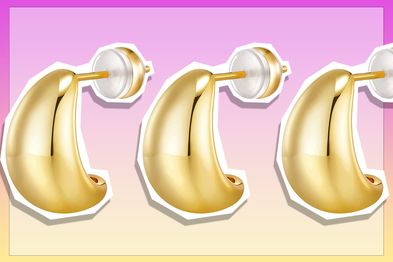 9PR: Small chunky gold hoop earrings on pink and yellow background.