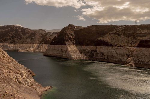 Lake Mead in April 2023 had receded dramatically due to a megadrought and decades over overuse.