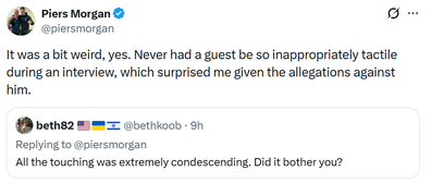 Piers Morgan says Russell Brand 'inappropriately tactile' during now-viral interview