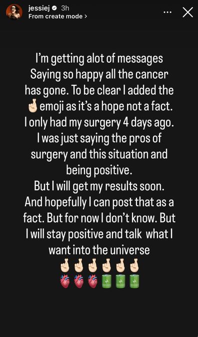 Singer Jessie J has taken to social media to clarify comments she's cancer-free after undergoing breast cancer surgery.