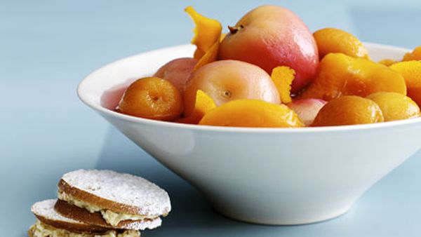 Lavender-poached stone fruit with walnut and honey cream sandwiches