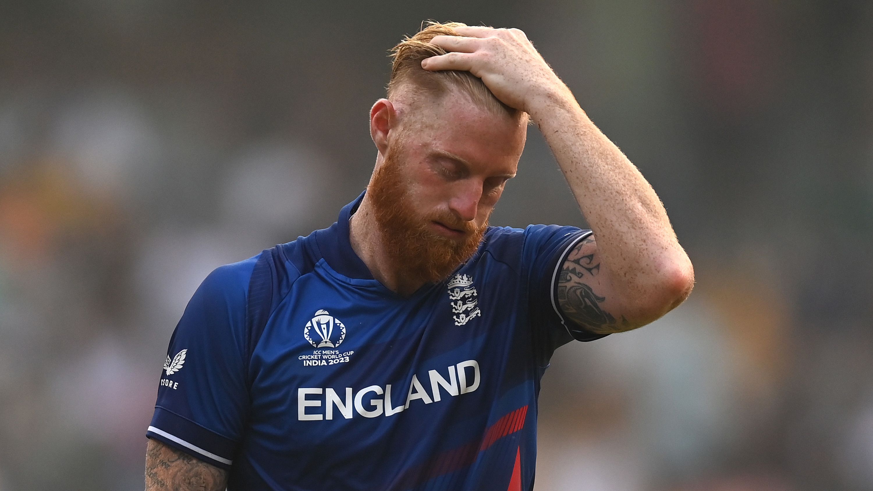 Ben Stokes of England reacts during the ICC Men&#x27;s Cricket World Cup India 2023 match between England and South Africa at Wankhede Stadium on October 21, 2023 in Mumbai, India. (Photo by Gareth Copley/Getty Images)