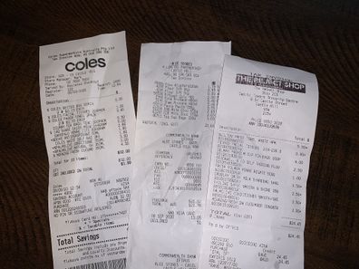 Jo Abi receipts from shopping at Coles, Aldi and The Reject Shop