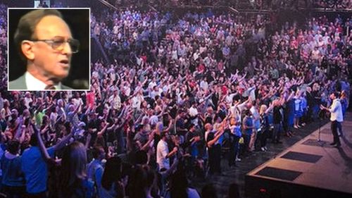 Preacher Frank Houston in his heyday, and the scene from a Hillsong service last weekend. (9NEWS)