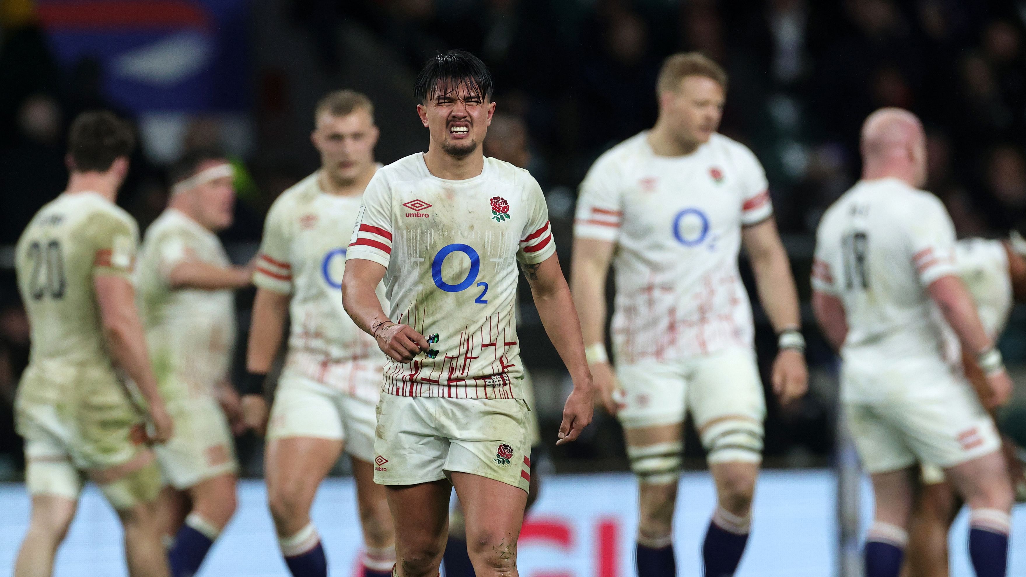 Marcus Smith of England grimaces as his team are defeated.