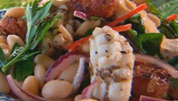 Squid, chorizo and white bean salad