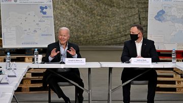 RZESZOW, POLAND - MARCH 25: US President Joe Biden (L) meets with the President of Poland, Andrzej Duda on March 25, 2022 in Rzeszow, Poland. U.S. President Joe Biden meets with NATO allies as they coordinate reaction to Russia&#x27;s war in Ukraine, which has entered its second month. (Photo by Jeff J Mitchell/Getty Images)