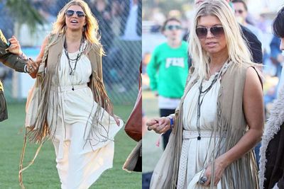 Not even Fergie looks impressed by her hippie chic get-up! Too much gathering, draping and fringing for our liking.