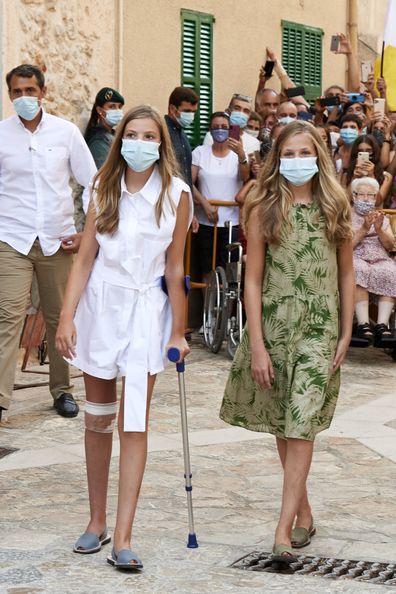 PETRA, SPAIN - AUGUST 10: Crown Princess Leonor of Spain (R) and Princess Sofia of Spain (L) visit the Fray Junipero Serra birth house and museum on August 10, 2020 in Petra, Palma de Mallorca, Spain. (Photo by Carlos Alvarez/Getty Images)