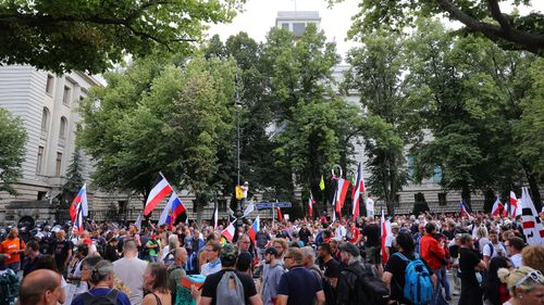 Coronavirus skeptics and right-wing extremists march in protest against coronavirus-related restrictions and government policy on August 29, 2020 in Berlin, Germany.