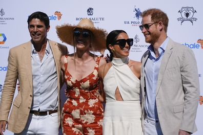 Prince Harry and Meghan Markle, Duchess of Sussex, pose for photos with Ignacio "Nacho" Figueras and his wife Delfina Blaquier at the 2024 Royal Salute Polo Challenge to Benefit Sentebale, Friday, April 12, 2024, in Wellington, Florida