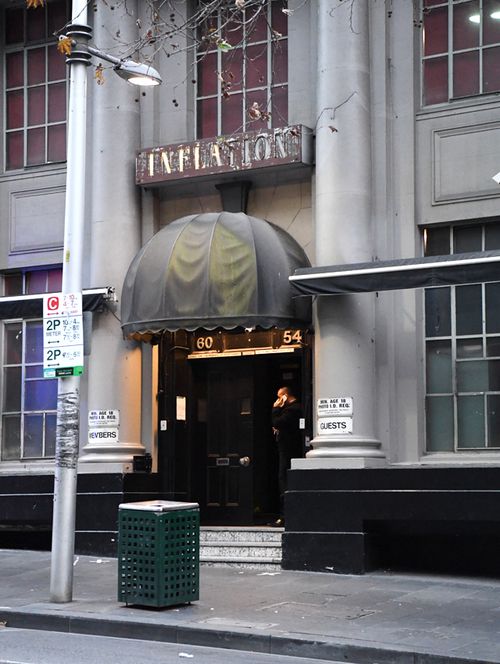 The exterior of the Inflation night club on King street in Melbourne on Saturday, July, 8, 2017. Two partygoers have been shot and wounded by police at a Melbourne nightclub after a handgun was allegedly pulled on officers. (AAP)