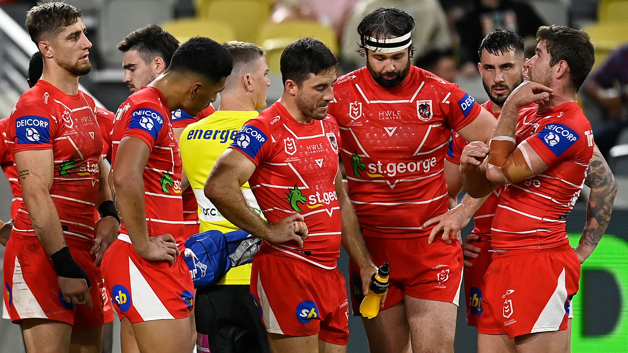 The Dragons look on after a Cowboys try during their round 14 loss.