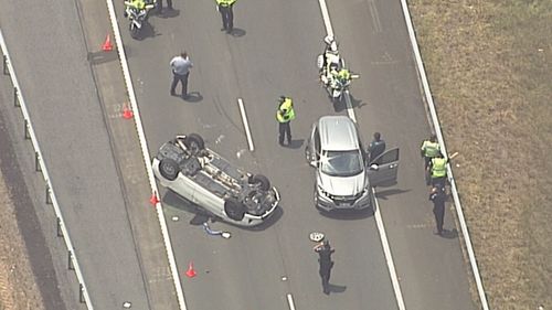 A car has flipped after a dramatic car chase and armed theft in Hervey Bay.