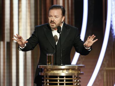 BEVERLY HILLS, CALIFORNIA - JANUARY 05: In this handout photo provided by NBCUniversal Media, LLC,  host Ricky Gervais speaks onstage during the 77th Annual Golden Globe Awards at The Beverly Hilton Hotel on January 5, 2020 in Beverly Hills, California. (Photo by Paul Drinkwater/NBCUniversal Media, LLC via Getty Images)