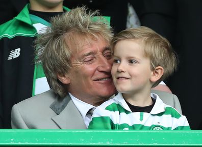 Rod Stewart and son Aiden Stewart are seen during the Ladbrokes Scottish Premiership match between Celtic and Rangers at Celtic Park on March 12, 2017 in Glasgow, Scotland.