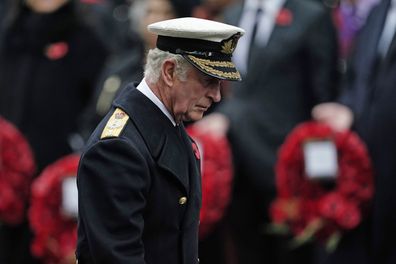 The Prince of Wales  lays a wreath at the Remembrance Sunday service at the Cenotaph, in Whitehall, London. Picture date: Sunday November 14, 2021. PA Photo. See PA story MEMORIAL Remembrance. Photo credit should read: Aaron Chown/PA Wire
