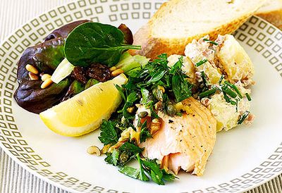 Salmon with herb and walnut salsa