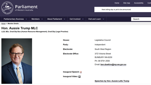 A West Australian MP has legally changed his name to Austin Trump in a move inspired by United States President Donald Trump. 