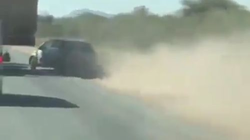 The car then loses control on the unsettled dirt alongside the road and turns sharply into the truck. Picture: Facebook/Road Trains Australia.