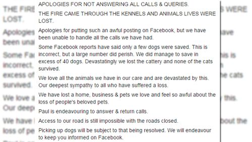 The statement posted on the Facebook page for Tea Tree Gully Boarding Kennels and Cattery. (Facebook)