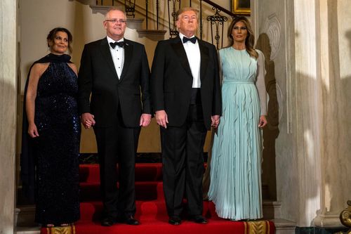 US President Donald Trump and First Lady Melania Trump, Australian Prime Minister Scott Morrison, and Australian First Lady Jennifer Morrison are pictured ahead of a state dinner at the White House September 20, 2019 in Washington, DC.