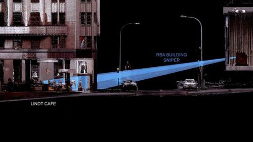 Diagram showing police sniper firing lines from RBA building towards the Lindt Cafe.