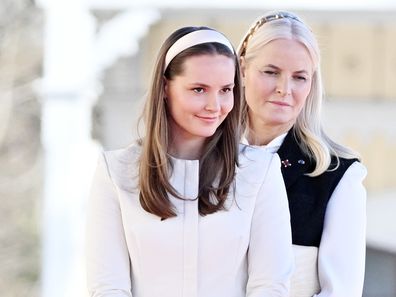 OSLO, NORWAY - APRIL 8: Crown Princess Mette-Marit of Norway and Princess Ingrid Alexandra attend the welcoming ceremony at The Royal Palace in conjunction with the Icelandic State Visit on April 8, 2025 in Oslo, Norway. (Photo by Rune Hellestad - Corbis/Getty Images)