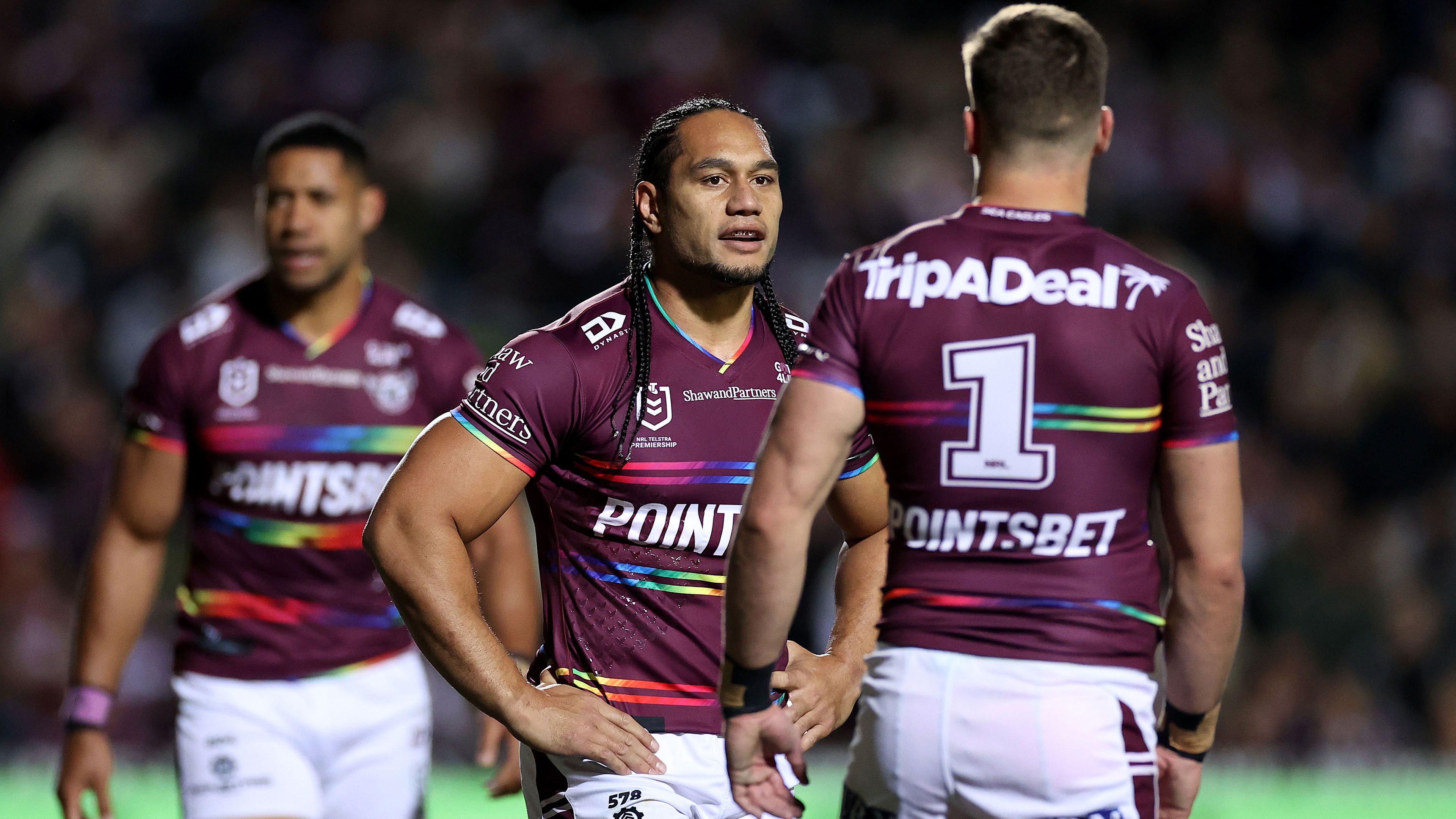 Martin Taupau talks to Reuben Garrick during the Sea Eagles&#x27; round 20 against the Roosters.