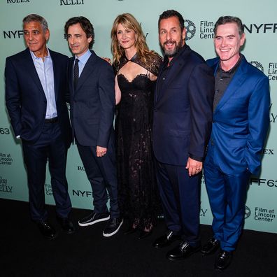 NEW YORK, NEW YORK - SEPTEMBER 29: (L-R) George Clooney, Noah Baumbach, Laura Dern, Adam Sander and Billy Crudup attend the "Jay Kelly" red carpet during 63rd New York Film Festival at Alice Tully Hall, Lincoln Center on September 29, 2025 in New York City. (Photo by TheStewartofNY/FilmMagic)