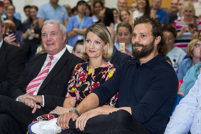 Northern Irish actor Jamie Dornan (right) with his sister Jessica Dornan Lynas and father Dr Jim Dornan, during the Pancreatic Cancer charity NIPanC launch at the Mater Hospital in Belfast.