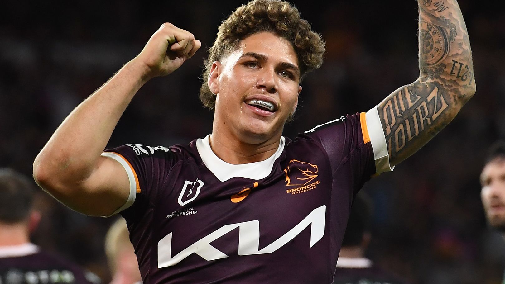Reece Walsh of the Broncos celebrates after a Broncos try during the NRL Preliminary Final match between Brisbane Broncos and New Zealand Warriors at Suncorp Stadium on September 23, 2023 in Brisbane, Australia. (Photo by Albert Perez/Getty Images)