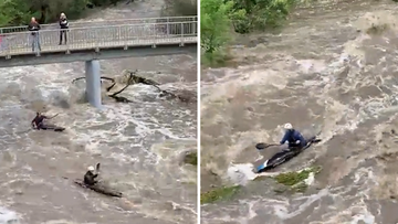 Kayakers have taken to a raging Melbourne waterway and were seen flying down the torrent.