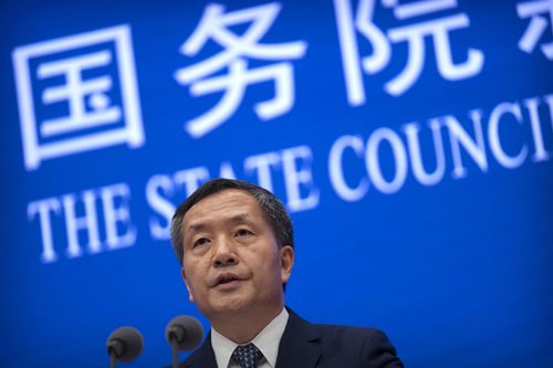 Shen Hongbing, the director of the Chinese Centre for Disease Control and Prevention, speaks at a press conference on the origins of COVID-19 at the State Council Information Office in Beijing, Saturday, April 8, 2023. 
