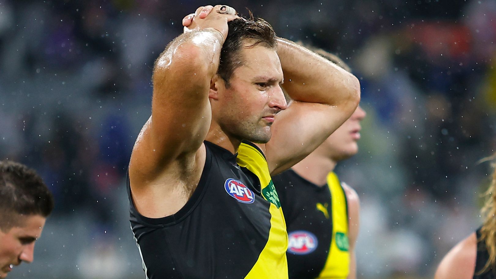 MELBOURNE - APRIL 08: Toby Nankervis of the Tigers looks dejected after a loss during the 2023 AFL Round 04 match between the Richmond Tigers and the Western Bulldogs at the Melbourne Cricket Ground on April 8, 2023 in Melbourne, Australia. (Photo by Dylan Burns/AFL Photos)
