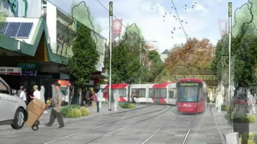 An artist impression of one of the potential light rail routes that would link Parramatta to existing services. (Supplied)