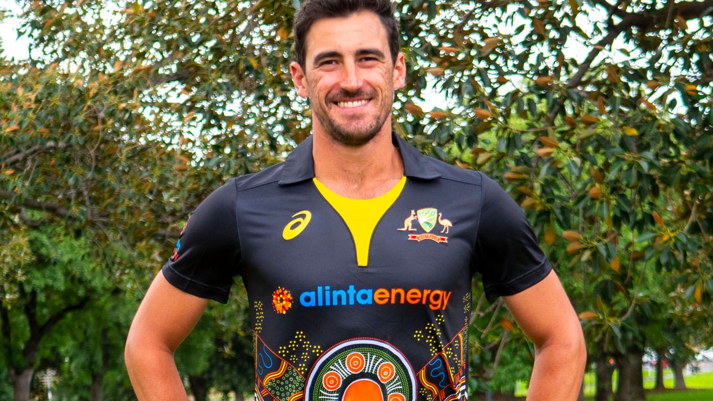 Mitch Starc wears the new Australian T20 jerseys with an indigenous design