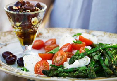 Warm olive and asparagus platter