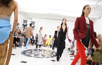 Models walk the runway at the finale of the Victoria Beckham show during London Fashion Week.